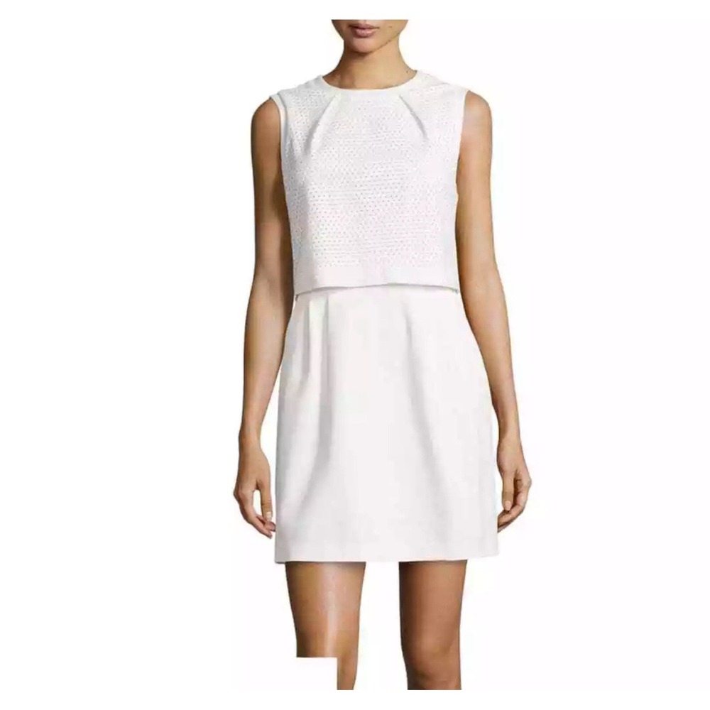 Trina Turk White Jolina Dress Layered Perforated Sleeveless Business Mini 2 NEW